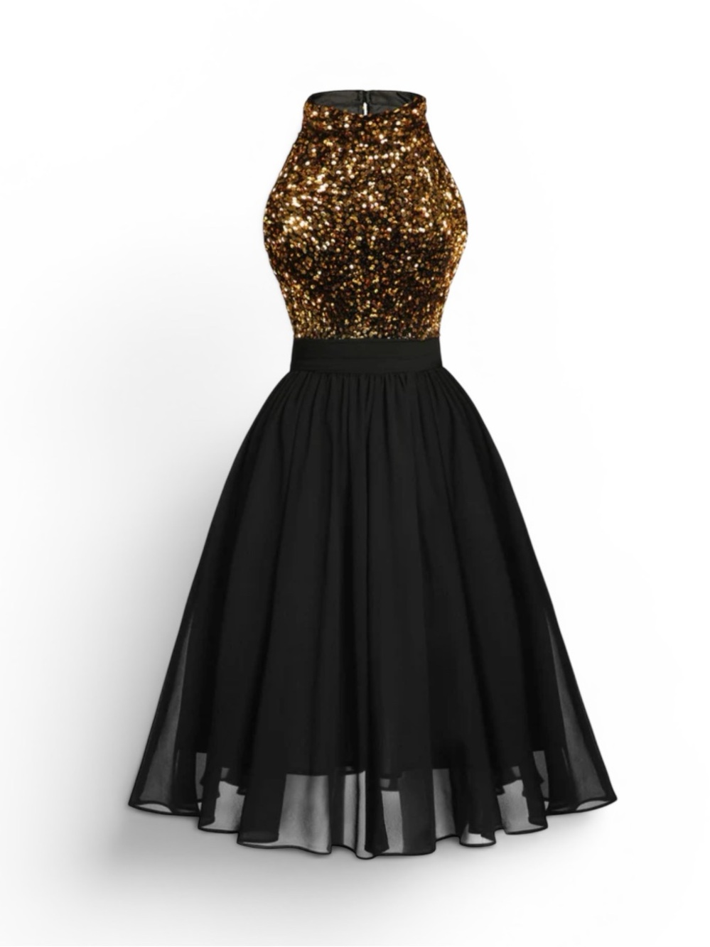 NWT Retro Stage Gold Sequin Halter Top Black Midi Dress